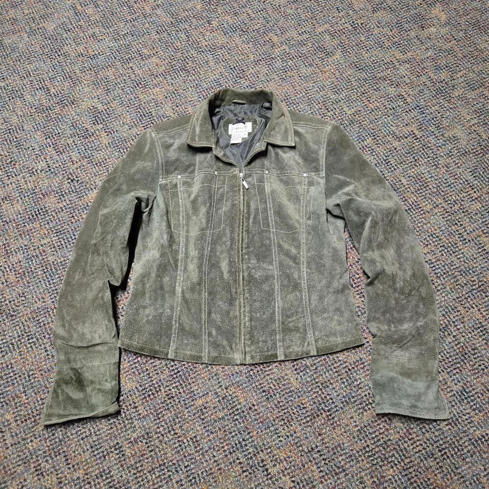 Vtg Y2k LIVE A LITTLE Earthtone Boho Whimsy Leather Suede Bomber Jacket Green M